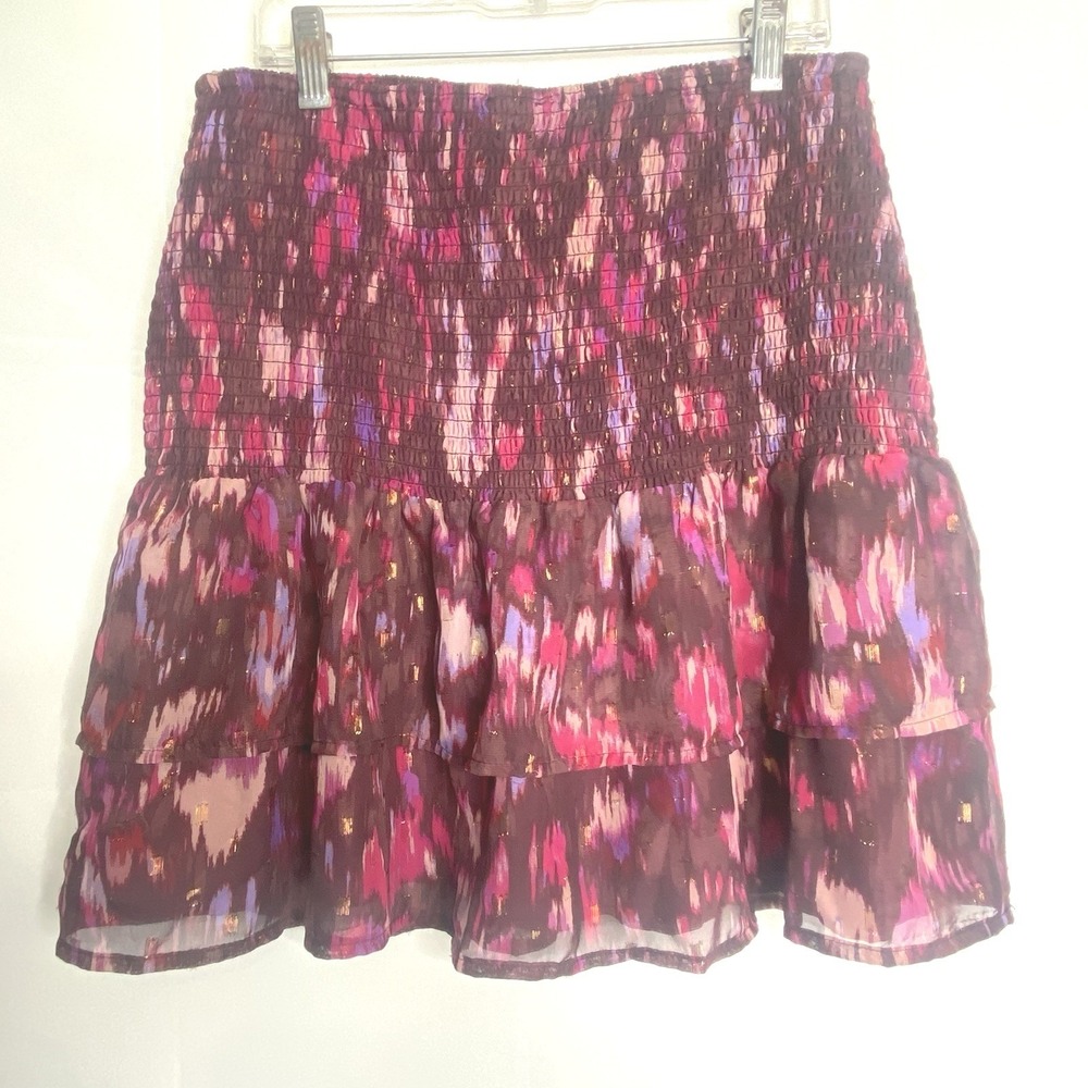 Aqua Womens Purple‎ Pink Abstract Metallic Smocked Tiered Ruffle Mini Skirt L